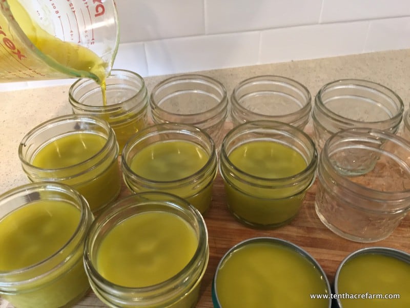 Pouring herbal salve mixture into containers